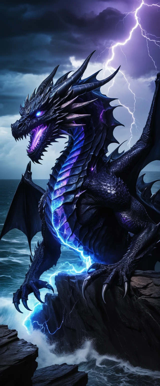 Dragón negro demoníaco en un acantilado tormentoso sobre el mar