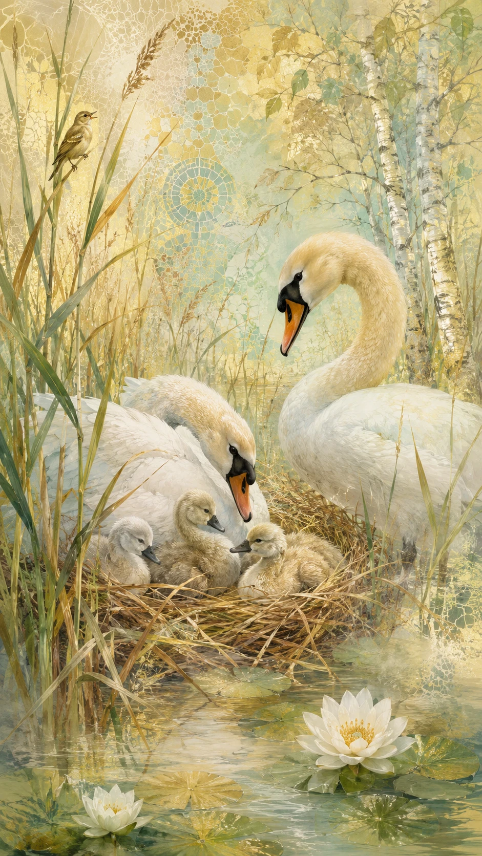 Gros plan de cygnes parents avec leurs cygneaux nichant dans les roseaux