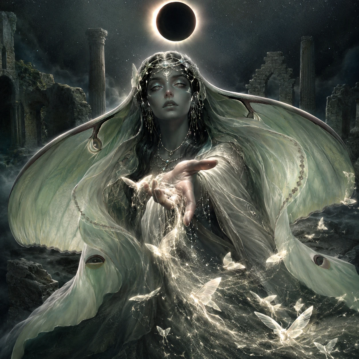 Oracle Wrapped In Luminous Moth Wings Before Ancient Ruins