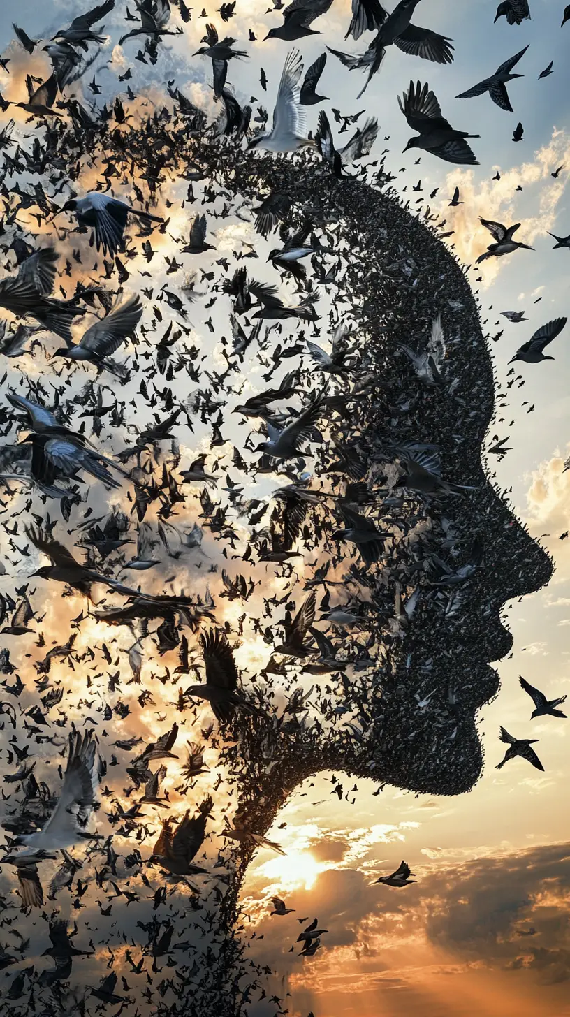 Surreales Porträt aus Vogelschwärmen im Flug