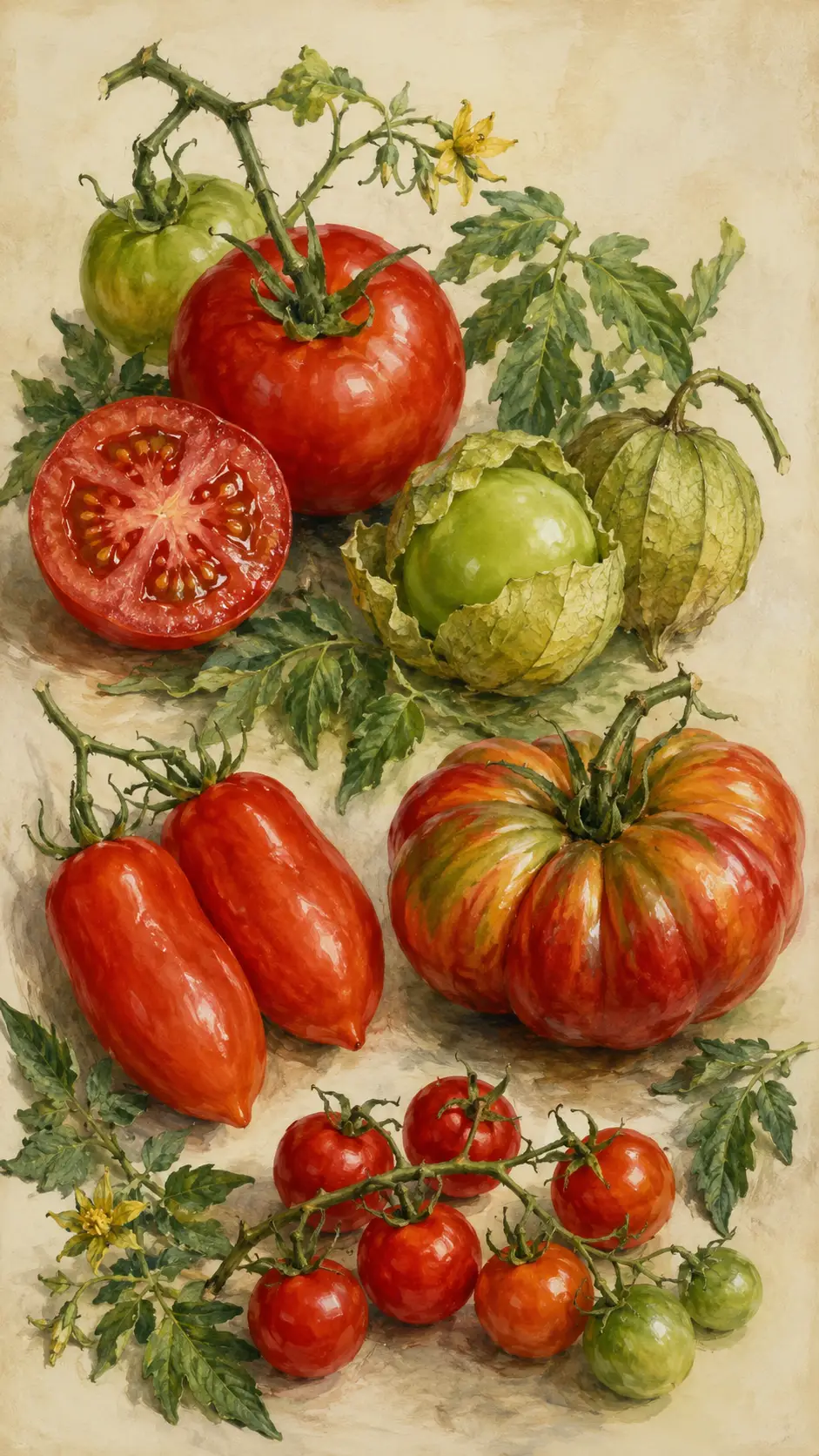 Botanical illustration of assorted tomato varieties in painterly realism