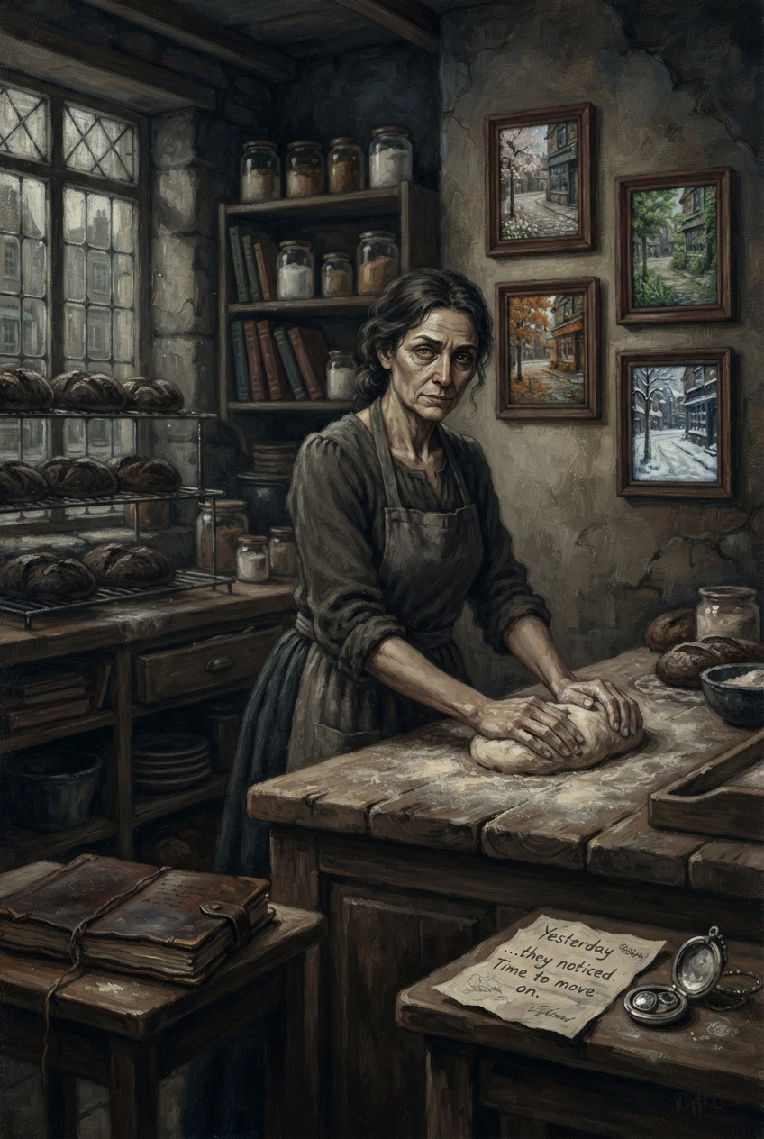 Pintura aconchegante de padaria com exposição sazonal de pães e doces