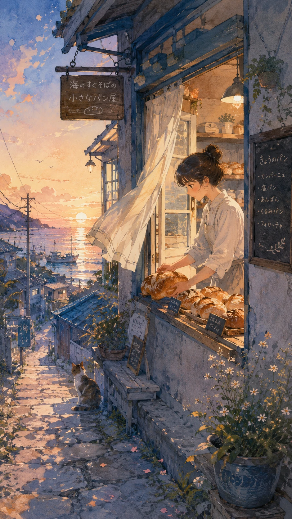 Douce boulangerie en bord de mer ouvrant à la lumière de l’aube