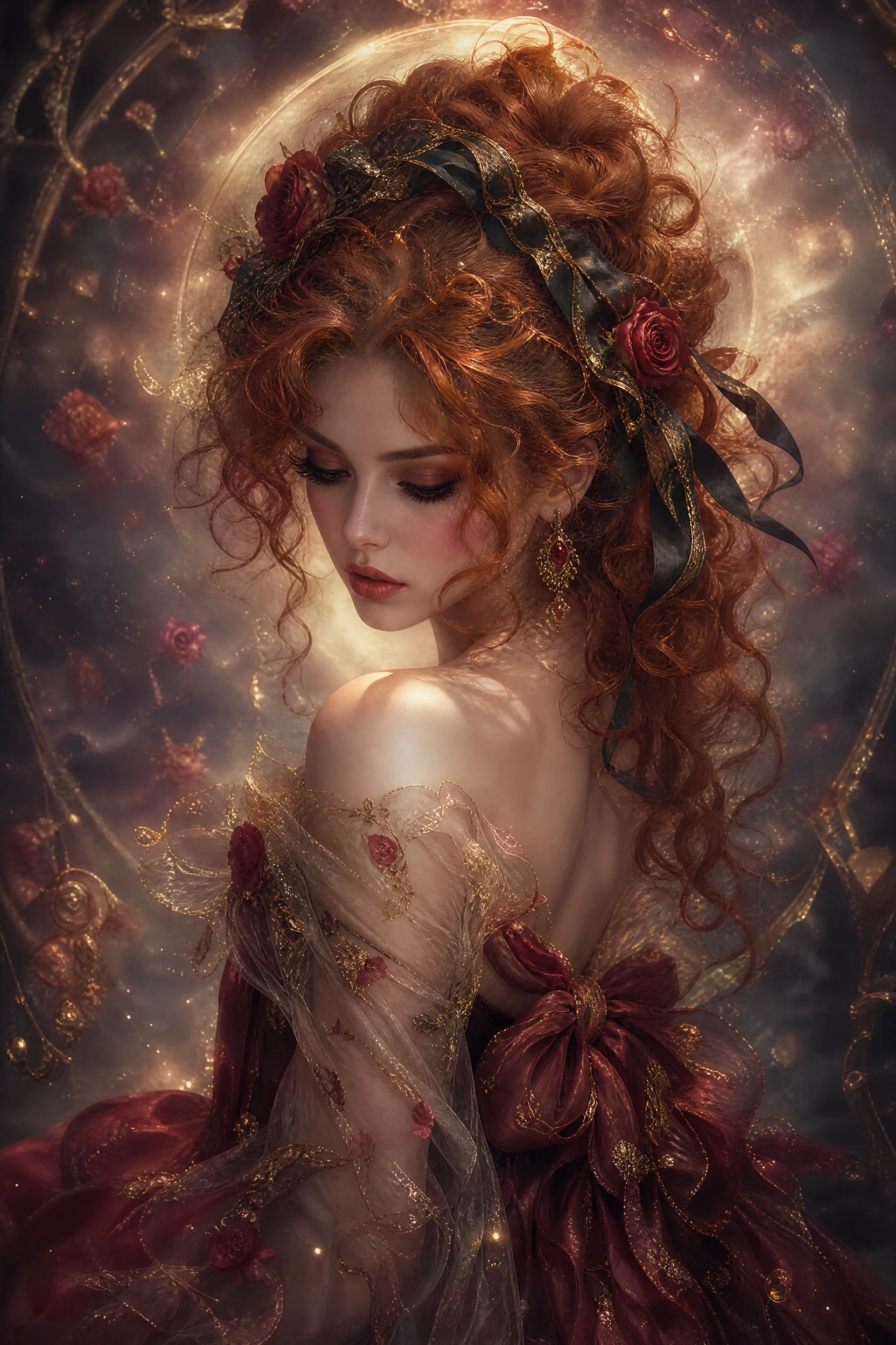 Retrato romântico de uma mulher ruiva com rosas