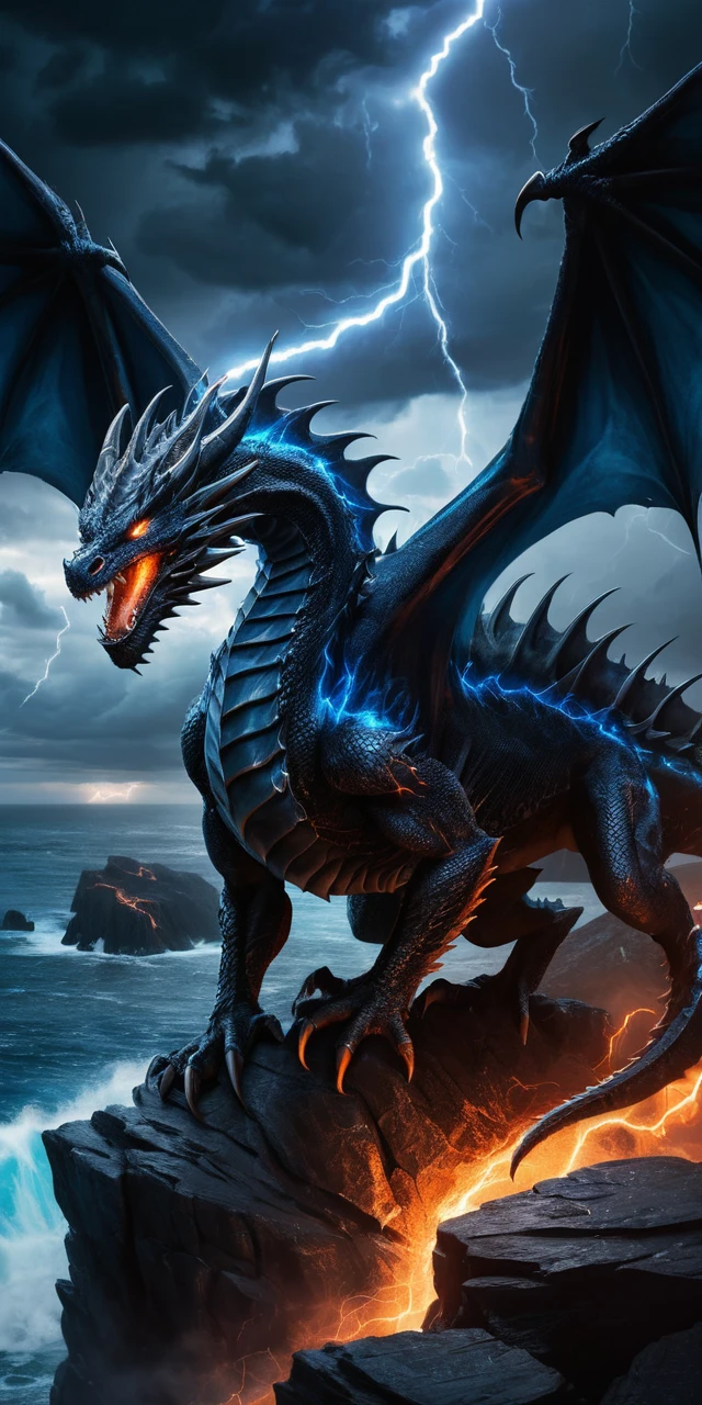 Dragão negro com olhos de fogo azul sobre penhasco em mar tempestuoso