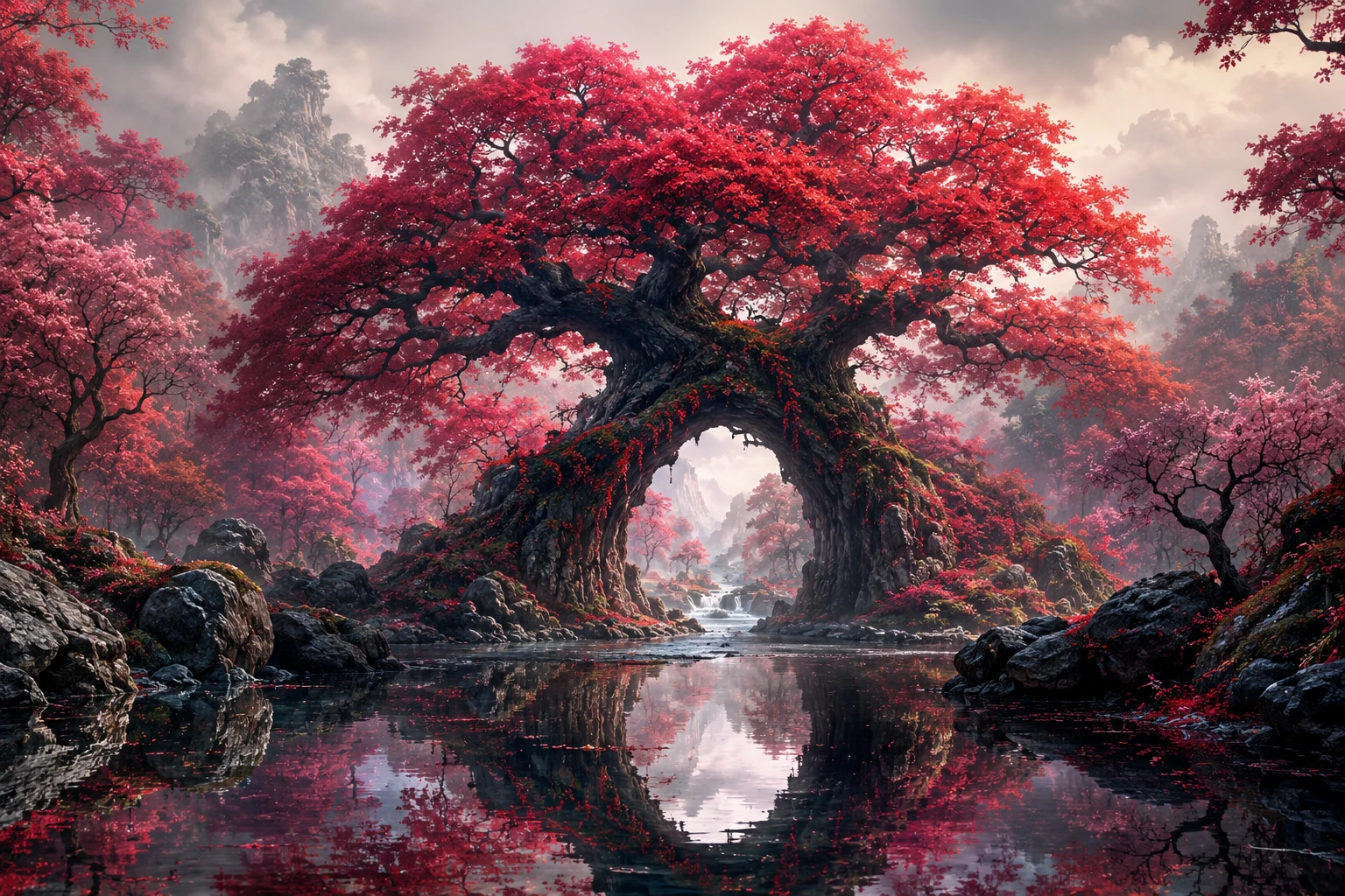 静かな幻想の水面に映る荘厳な深紅の木