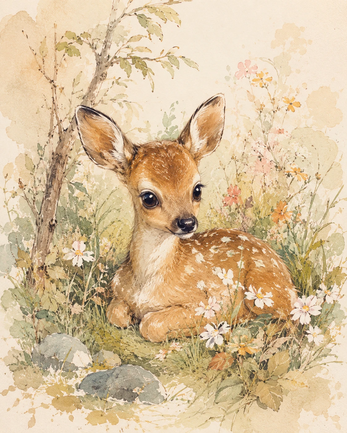 Ilustração de cervo filhote fofo sentado em paz na floresta