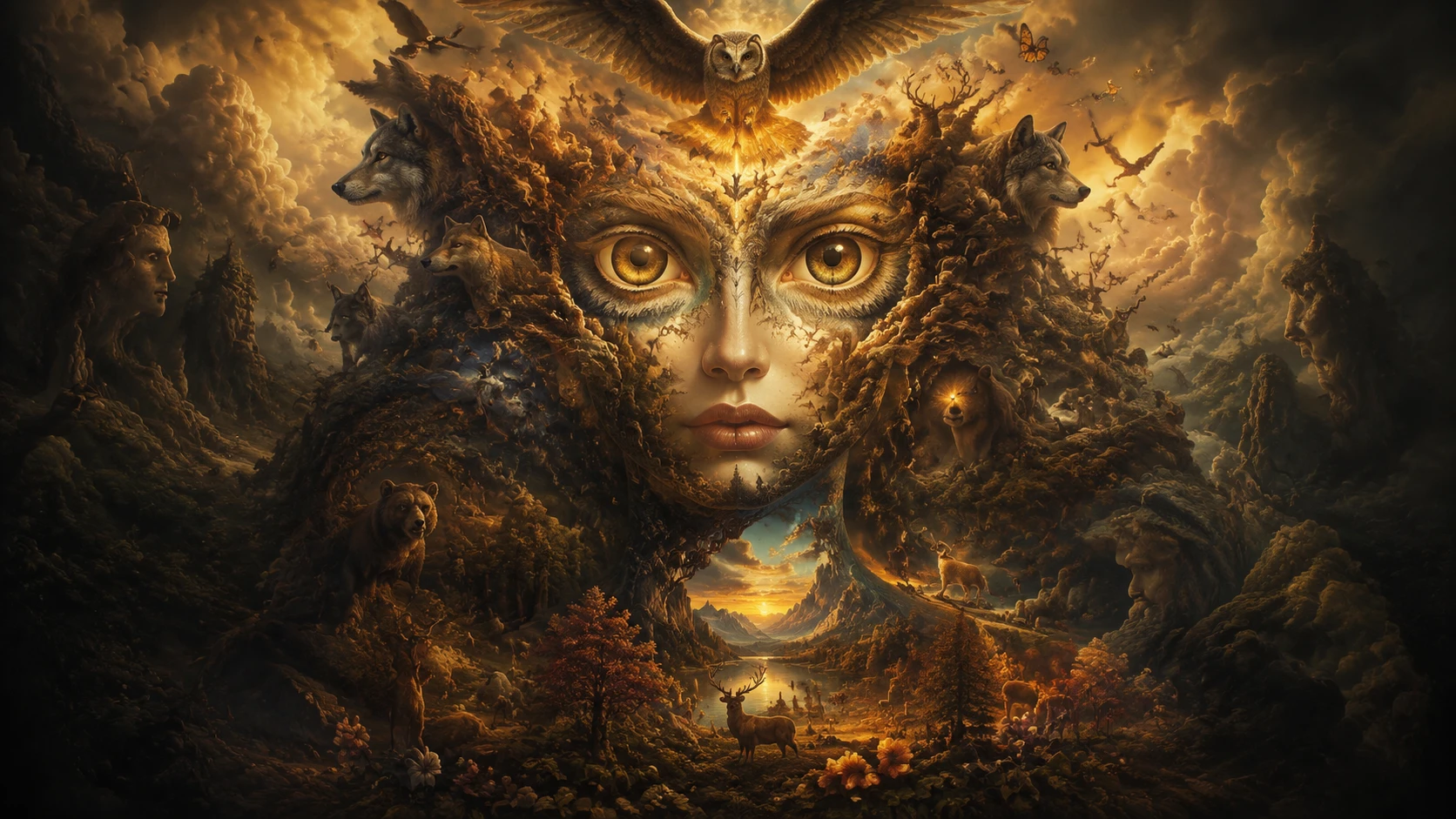 Retrato surreal de vida salvaje que forma una figura humana regia