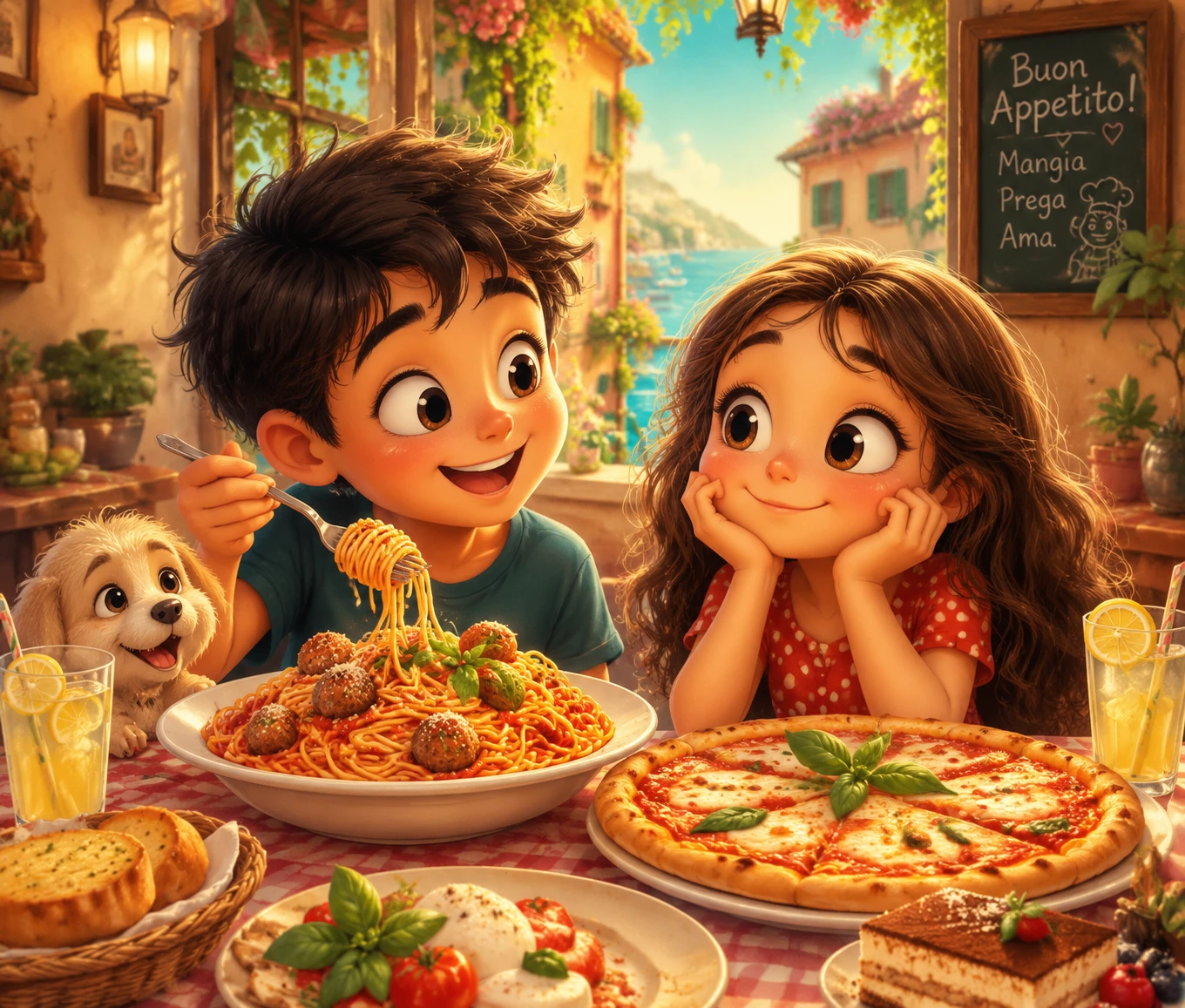 Crianças fofas compartilhando jantar italiano em estilo de desenho animado divertido