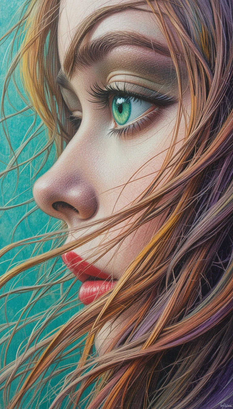 Retrato em lápis em close de olho verde e lábios vermelhos
