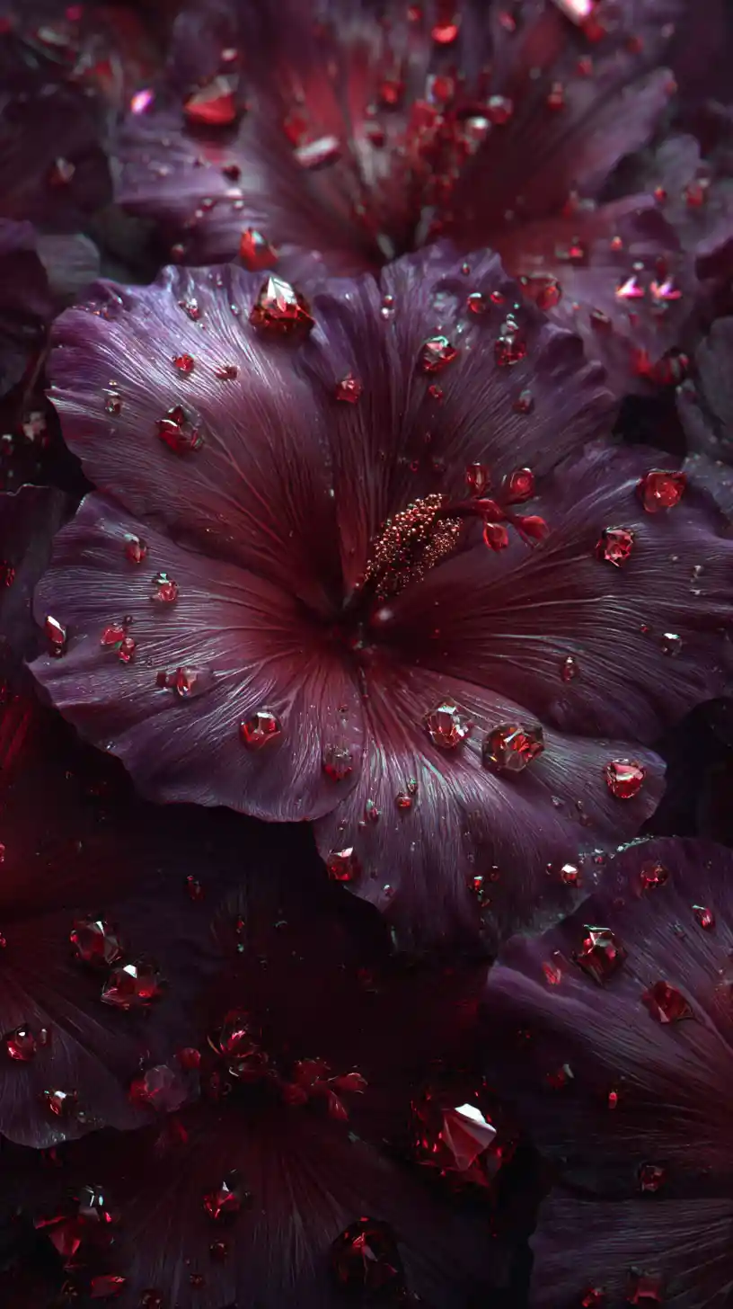 Gigantic glowing flower petals with crystal raindrops