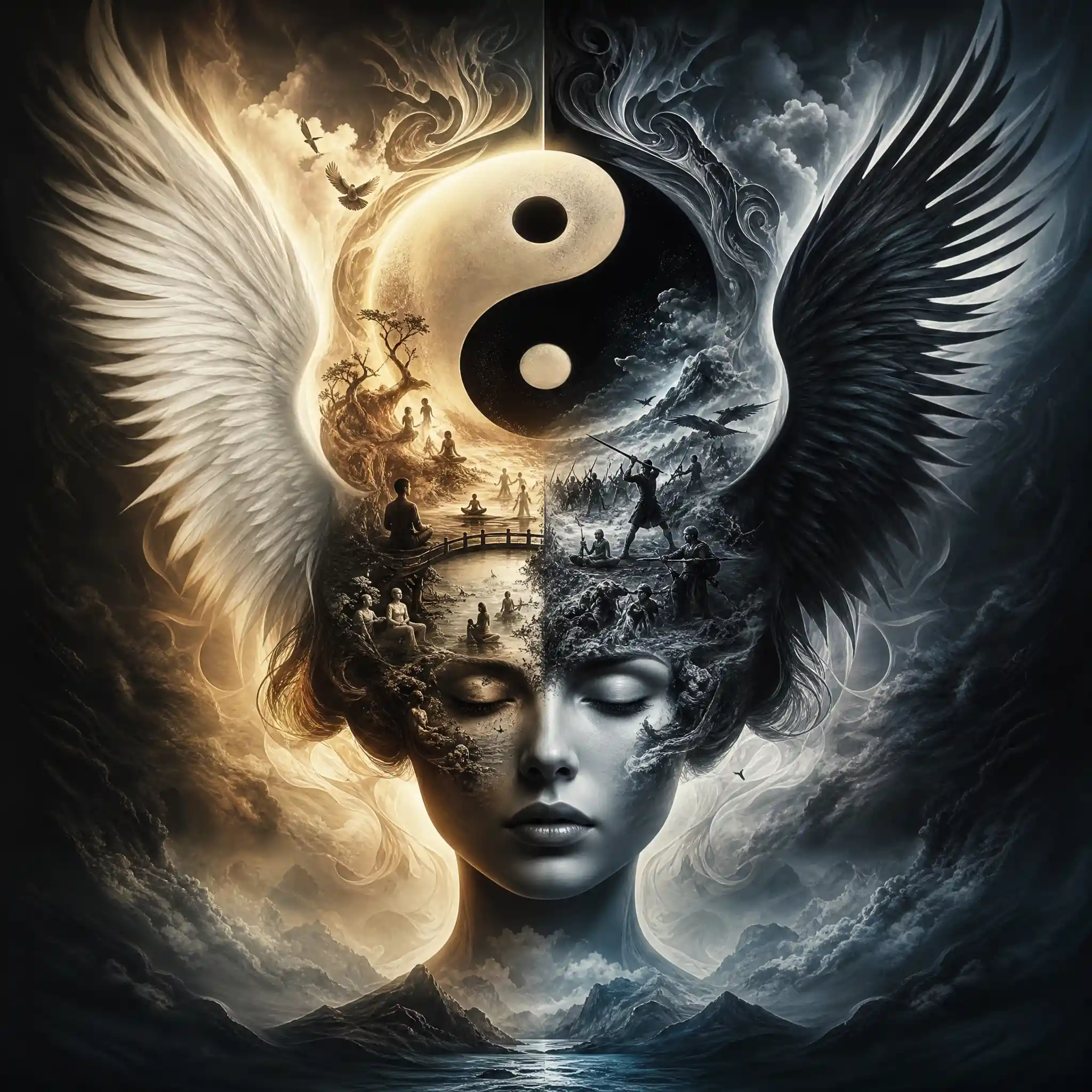Yin yang symbol with angel wings and double exposure woman