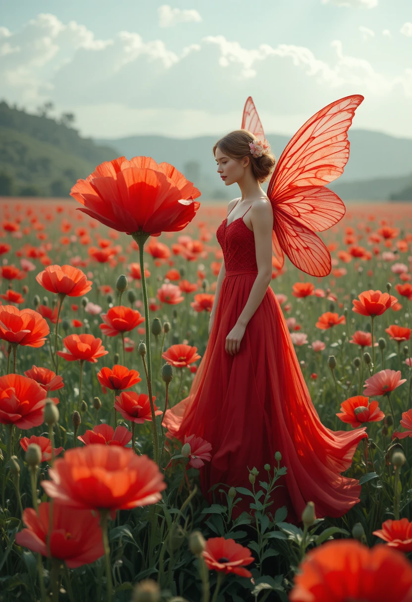 Fée en Rouge auprès d’un Unique Coquelicot en Fleur