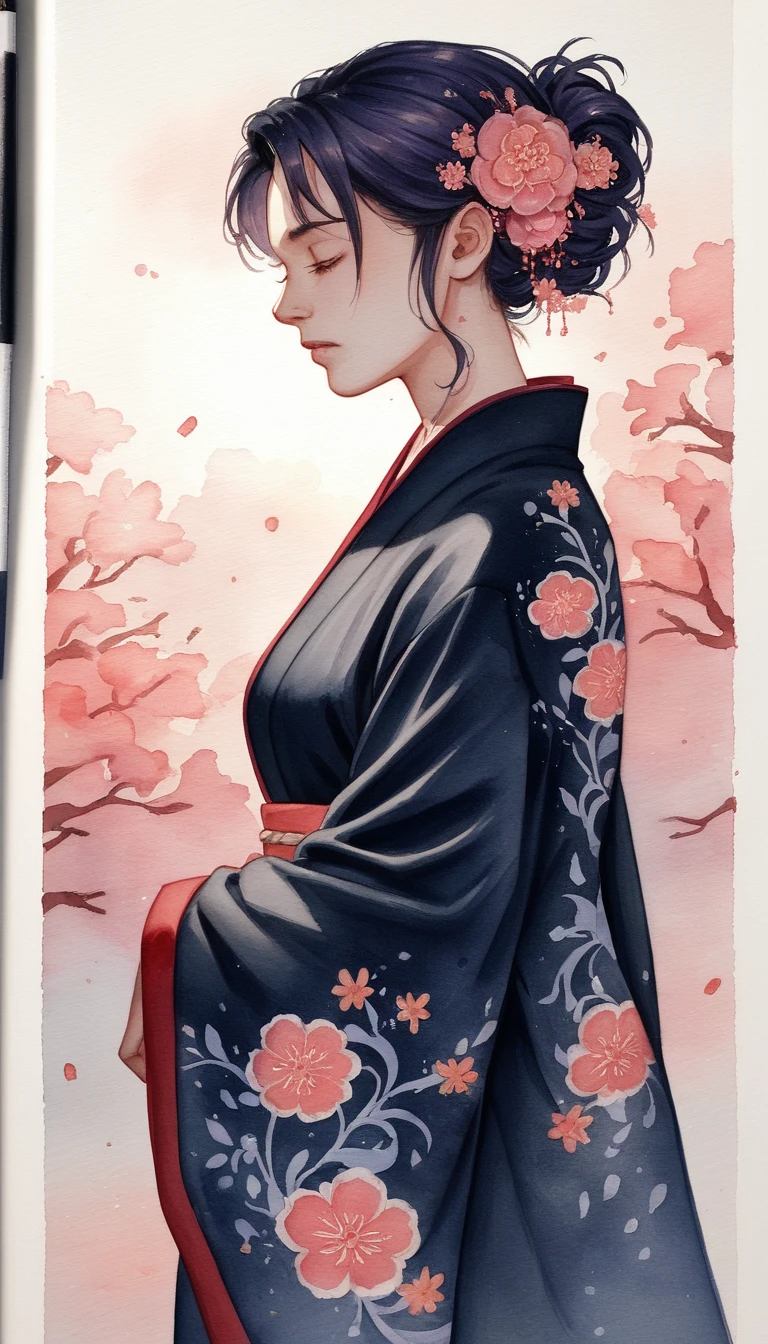 Jeune femme en kimono fleuri baignée d’une chaleureuse lumière dorée