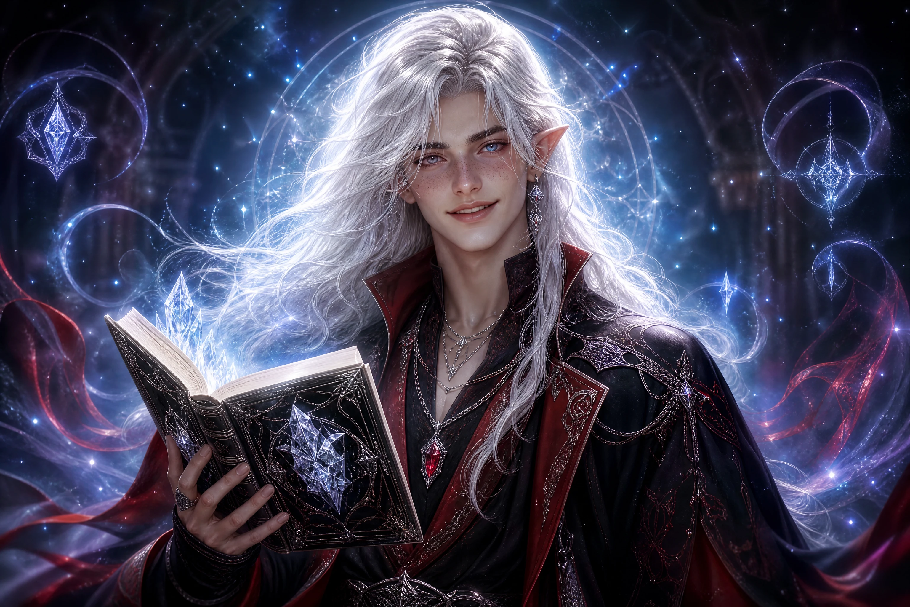 Elfo sorridente con libro di cristallo su sfondo magico