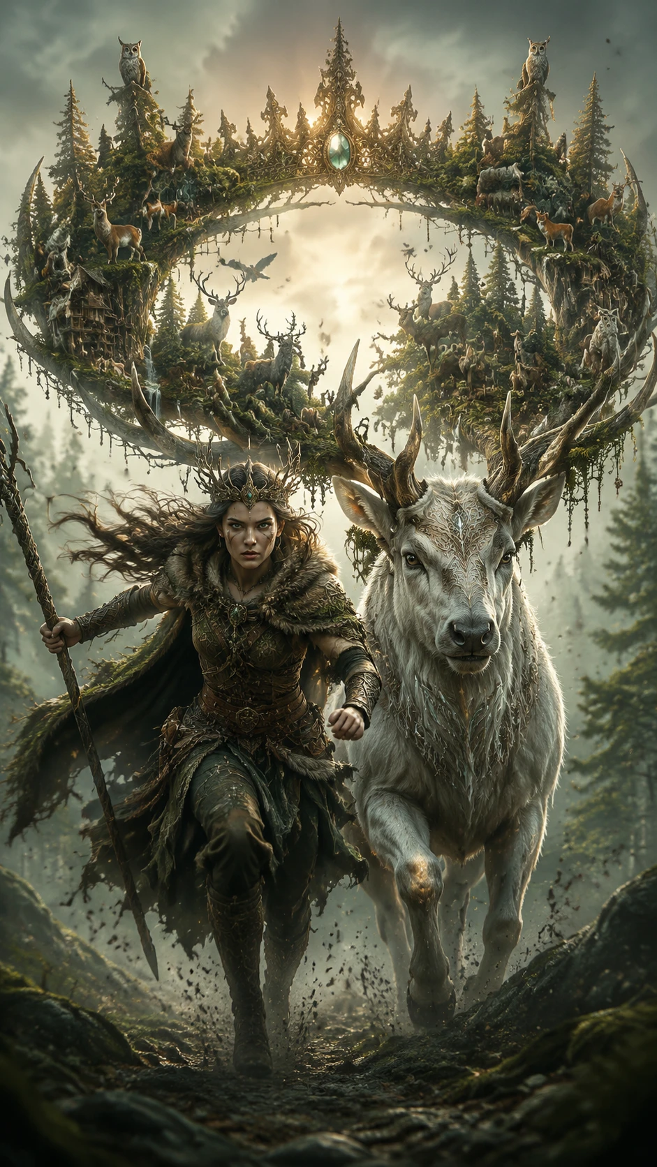 Guardião correndo ao lado de um cervo branco ancestral com galhadas-floresta