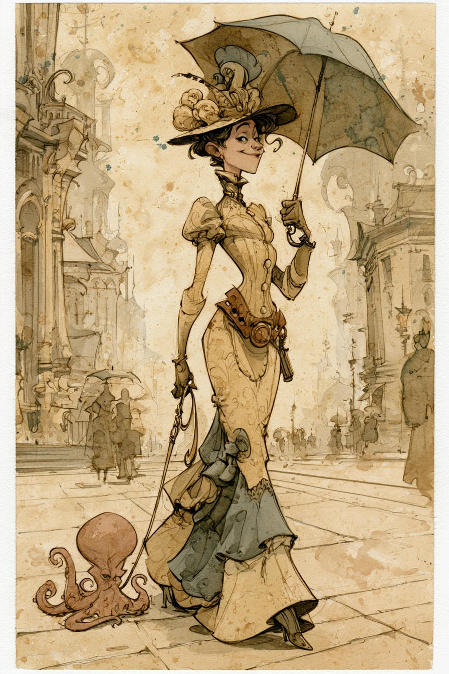 Mulher vitoriana steampunk caminhando pela cidade com polvo de estimação