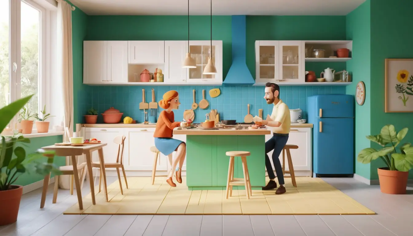 Couple français en pâte à modeler dans une cuisine minimaliste