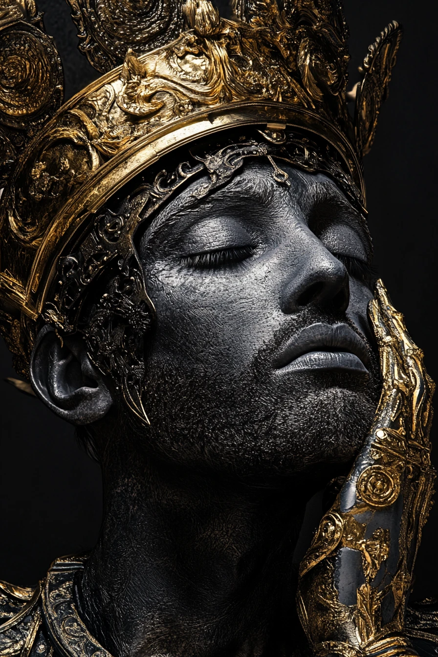 Retrato em close de homem vendado com elaborado cocar dourado