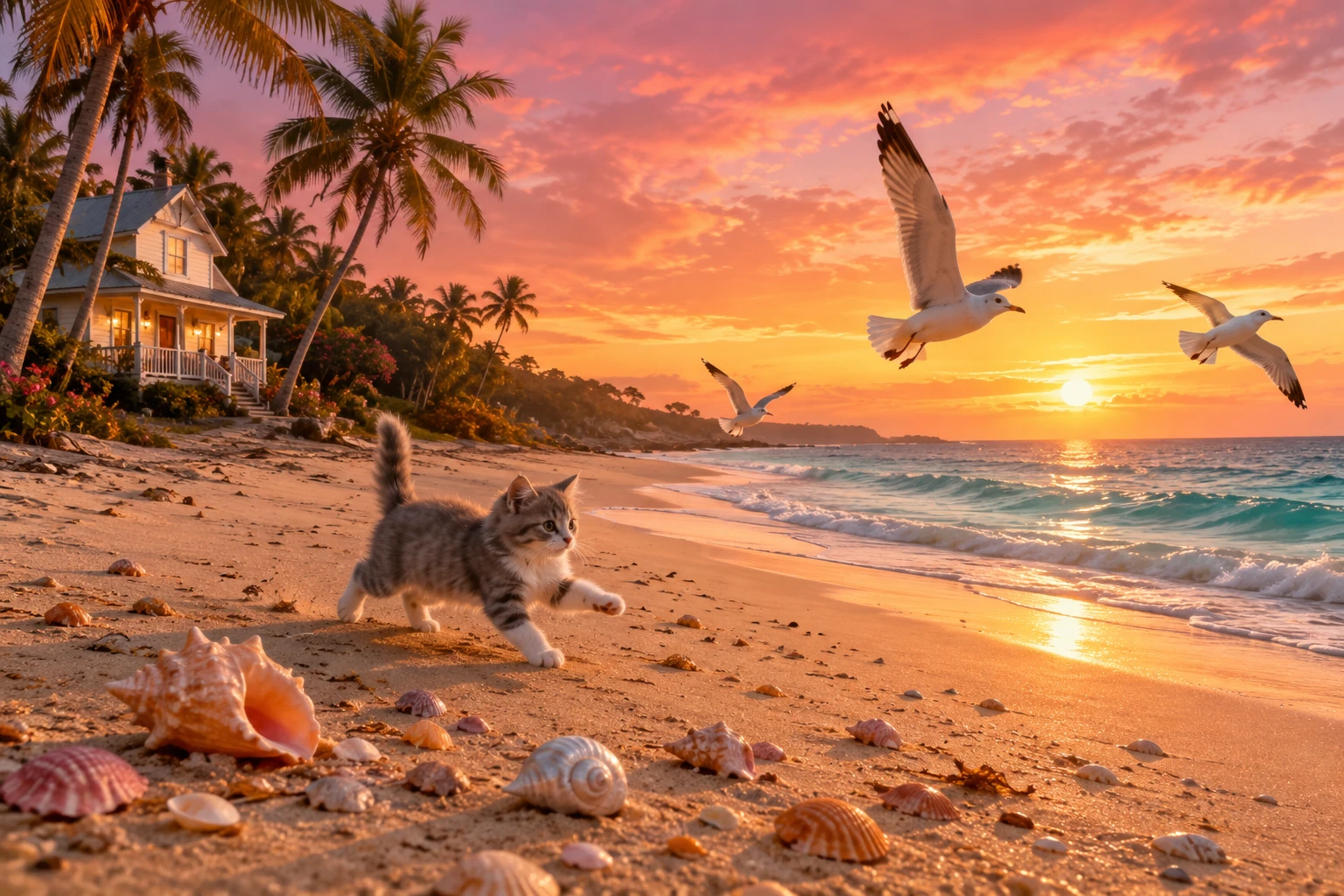 Gatinho brincalhão correndo por uma tranquila praia ao pôr do sol
