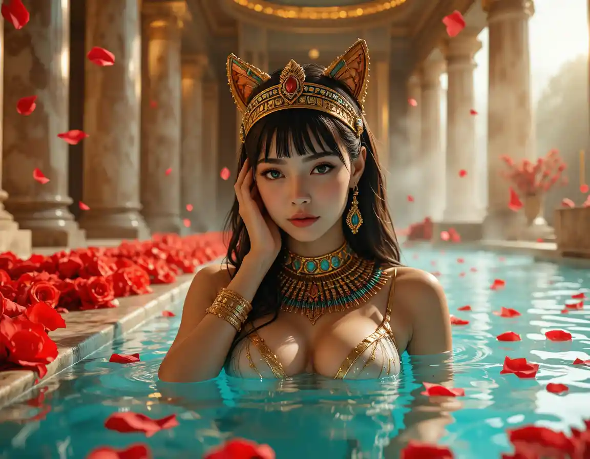 Sensual Egyptian queen reclining amid rose petals and steam