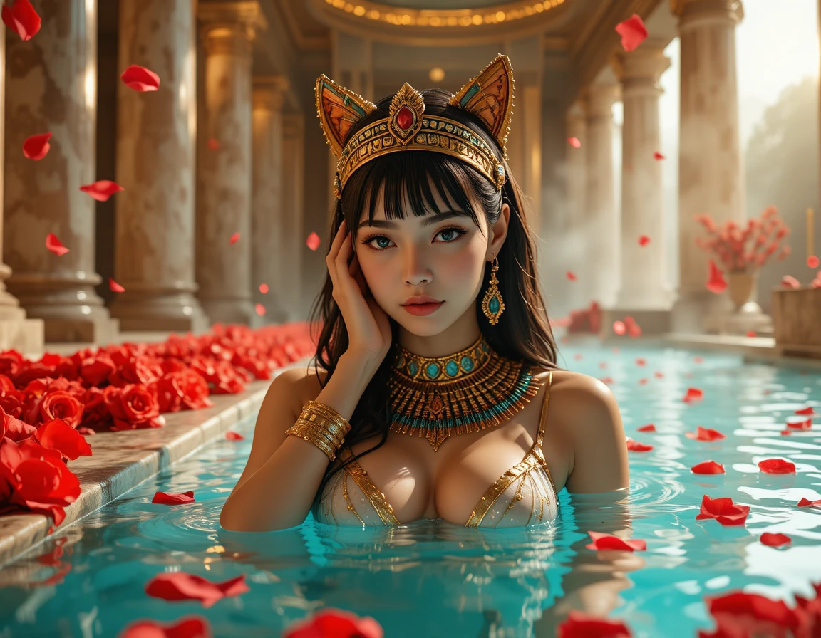 Sensuale regina egizia reclinata tra petali di rosa e vapore
