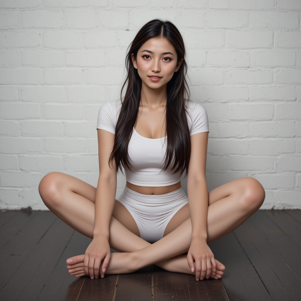 어두운 나무 바닥에 앉아 있는 귀여운 젊은 여성