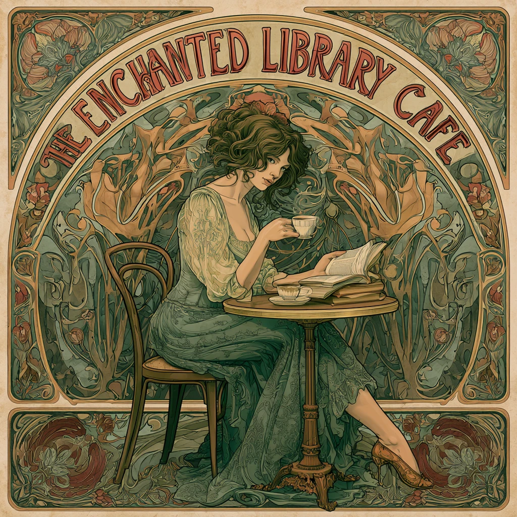 Elegante póster de café art nouveau con mujer leyendo