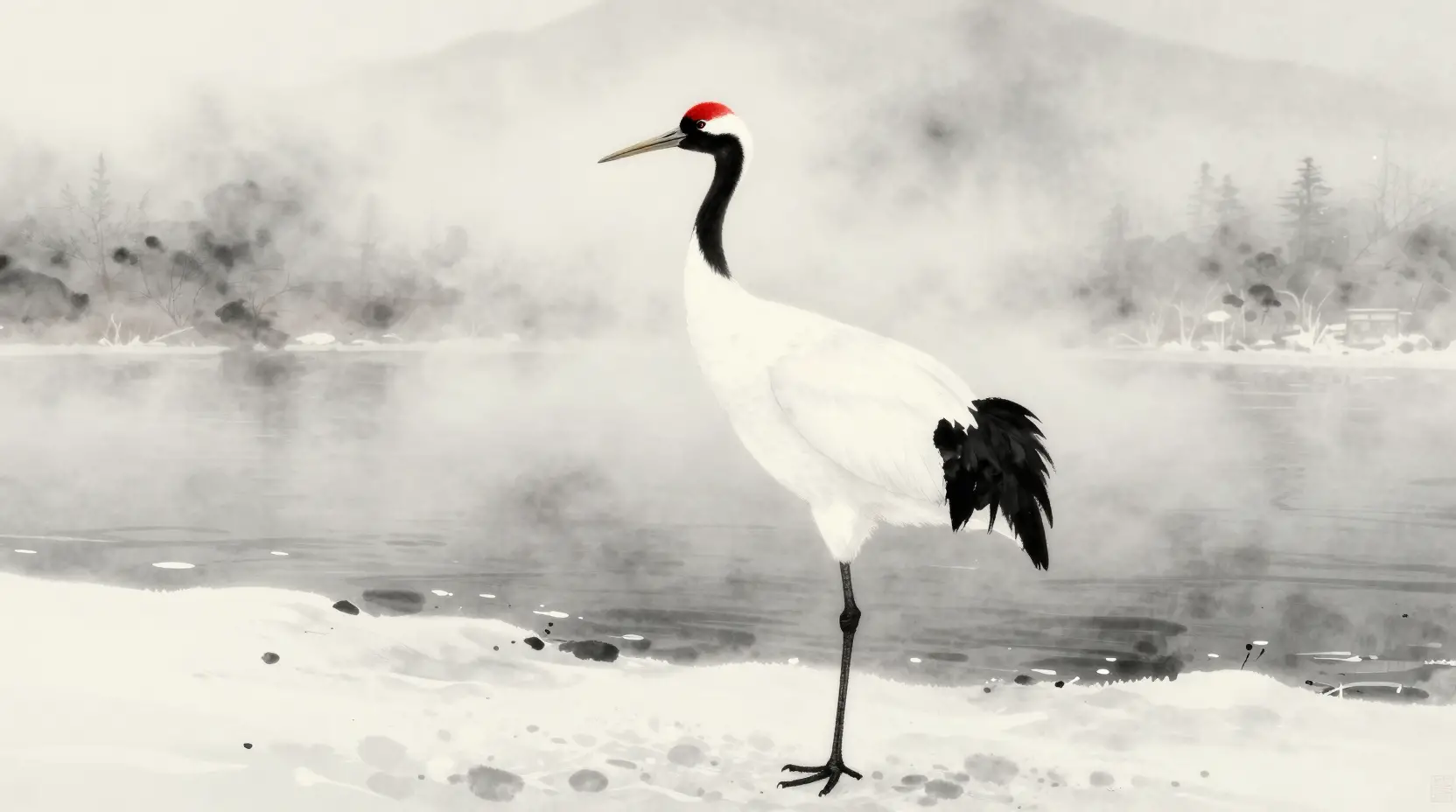 Grue à couronne rouge sur une berge de rivière hivernale embrumée