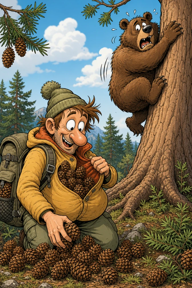 Divertente illustrazione a fumetti di un orso che scala verso l’alto