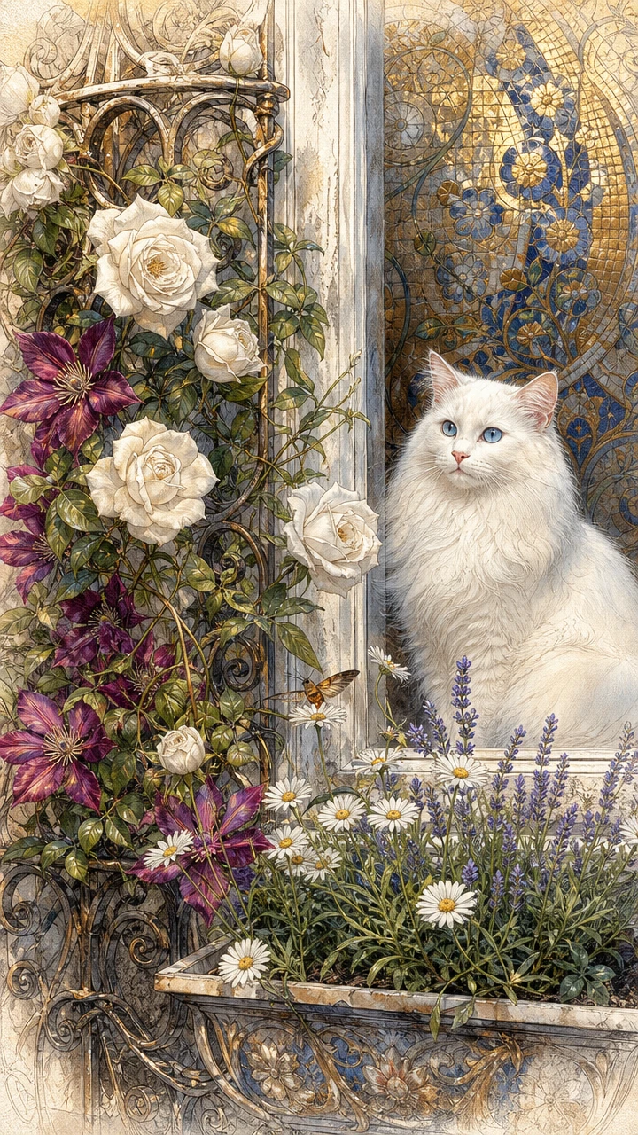 Gros plan de fenêtre de balcon avec chat blanc et fleurs grimpantes