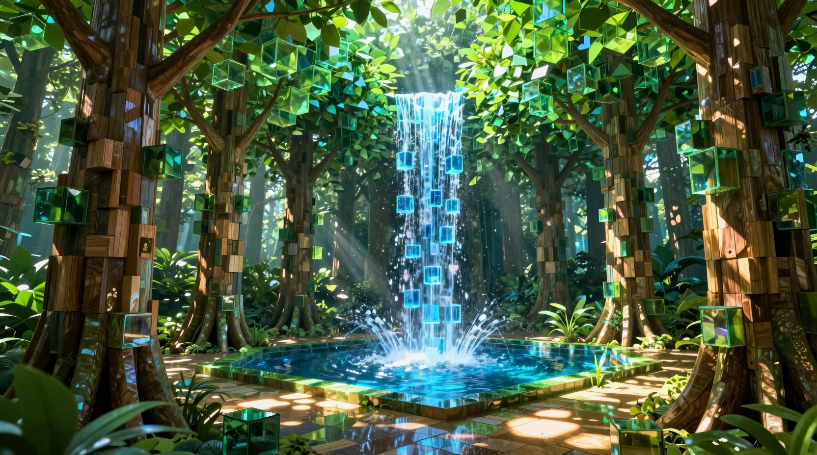 Forêt tropicale fantastique géométrique avec arbres cubiques et cascade