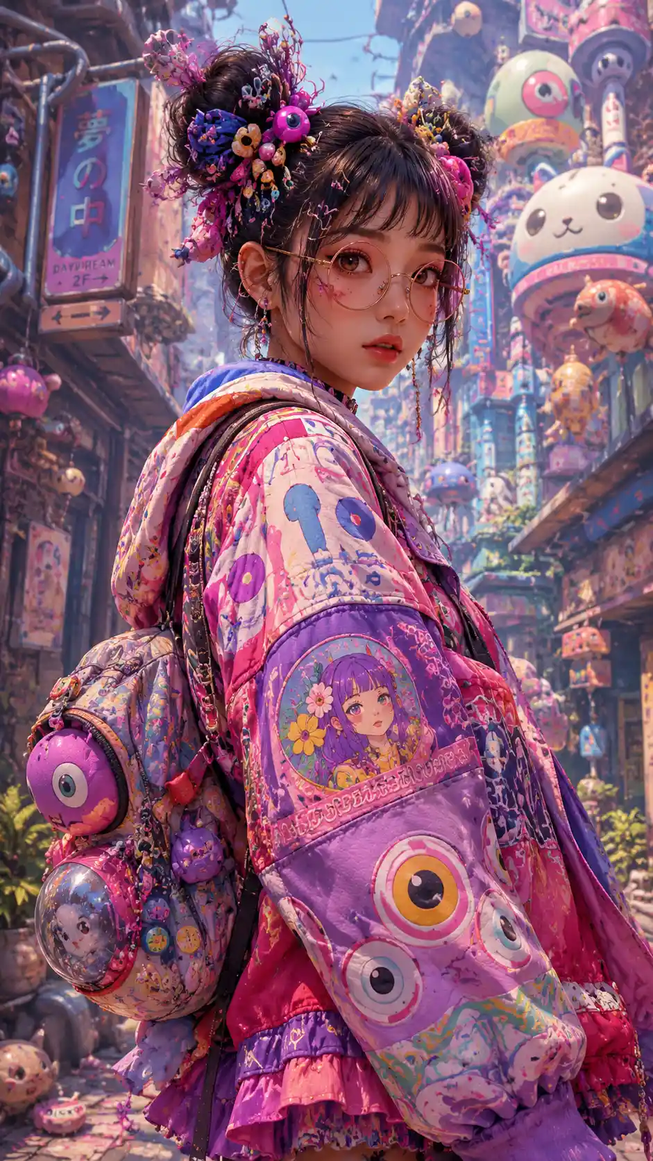 Quirky anime girl in vibrant psychedelic fashion