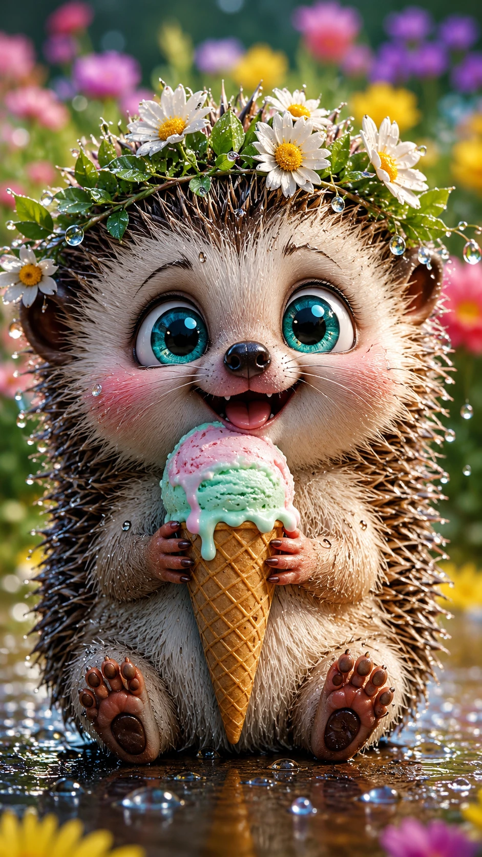 Erizo de dibujos animados adorable con helado después de la lluvia de verano