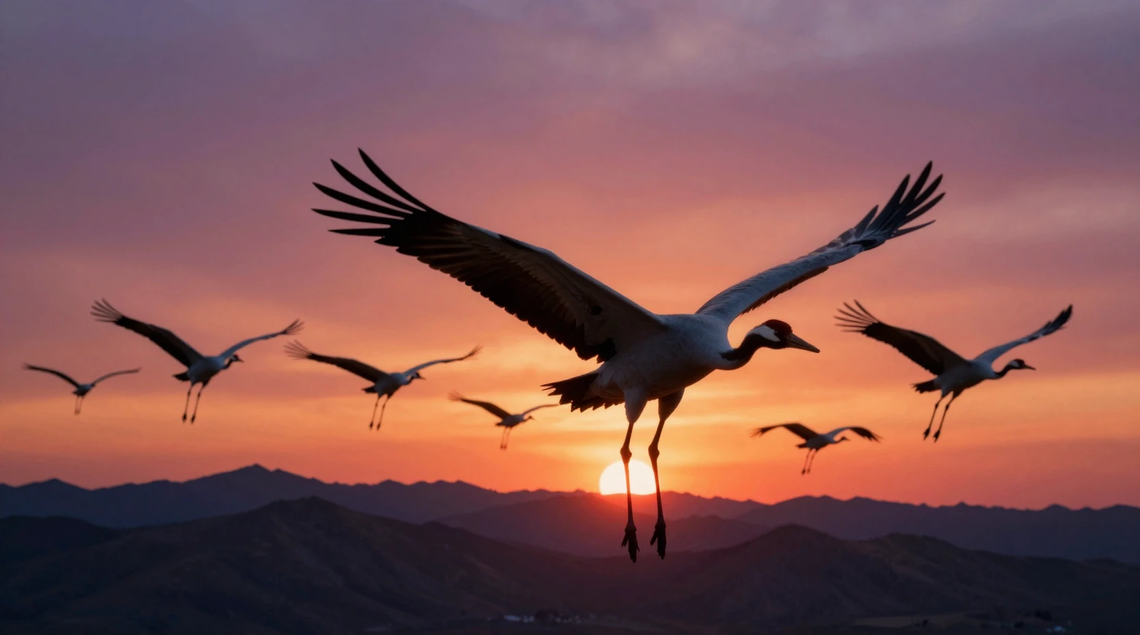 Grous migratórios sobrevoando montanhas ao pôr do sol