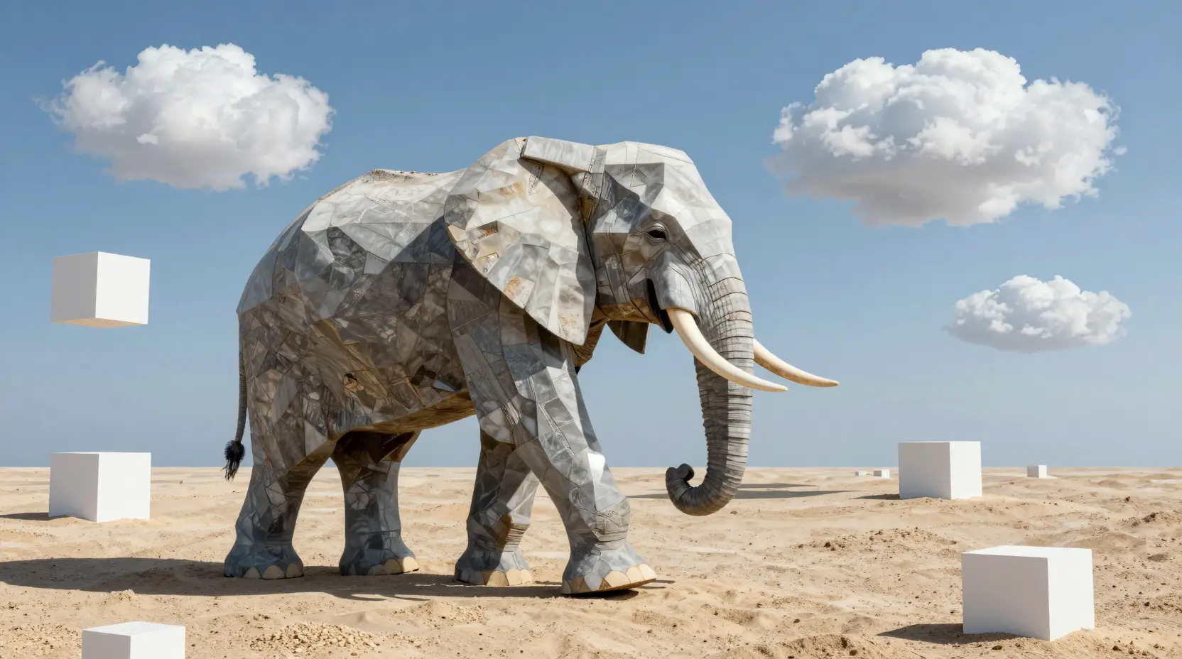Elefante cubista surreal caminhando por uma praia de areia quadrada