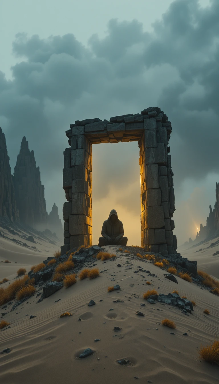 Figura encapuchada solitaria sobre arco derrumbado en desierto desolado