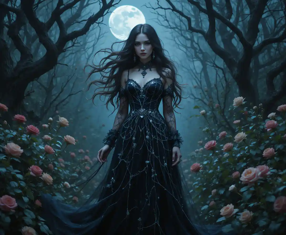 Gothic woman in a moonlit garden of thorns and roses