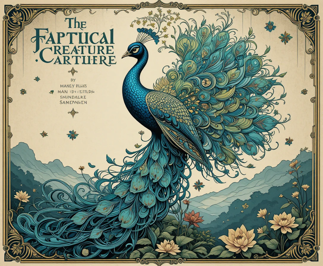 Pôster de pavão Art Nouveau com cauda floral fluida