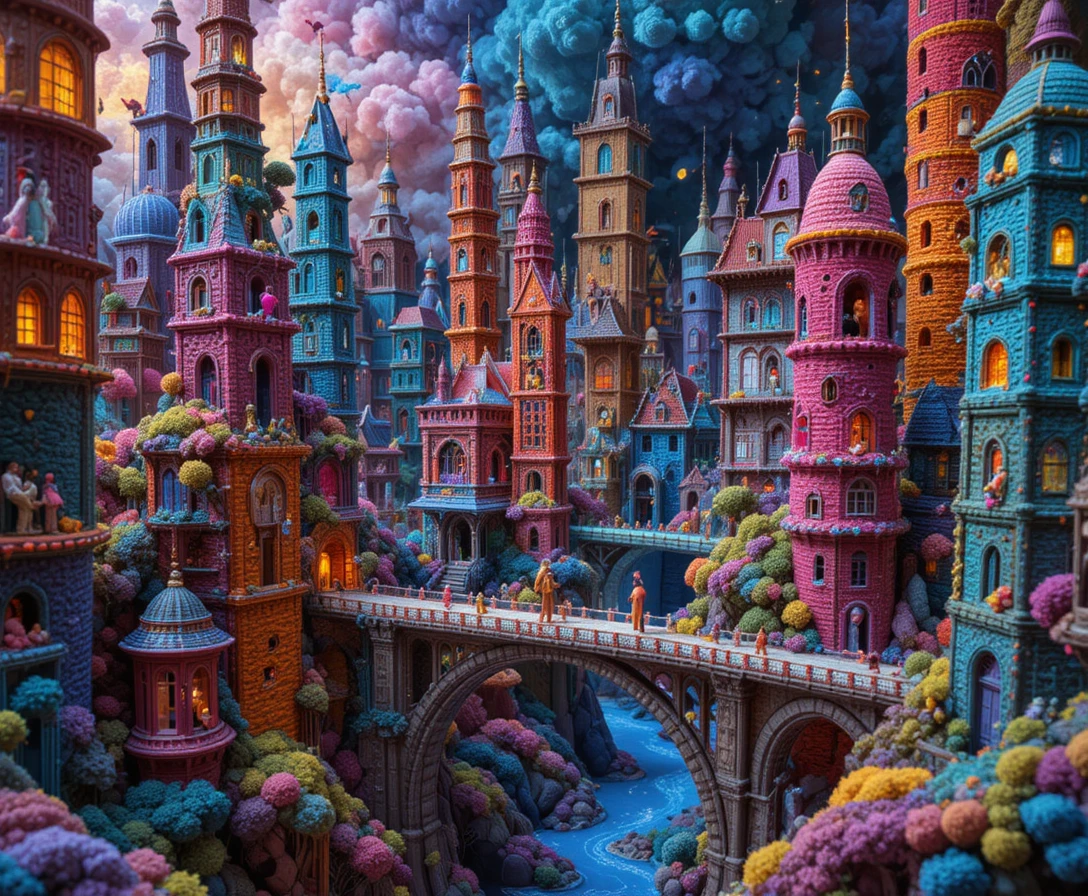 Paisagem urbana surreal de fios tecida com arquitetura têxtil colorida