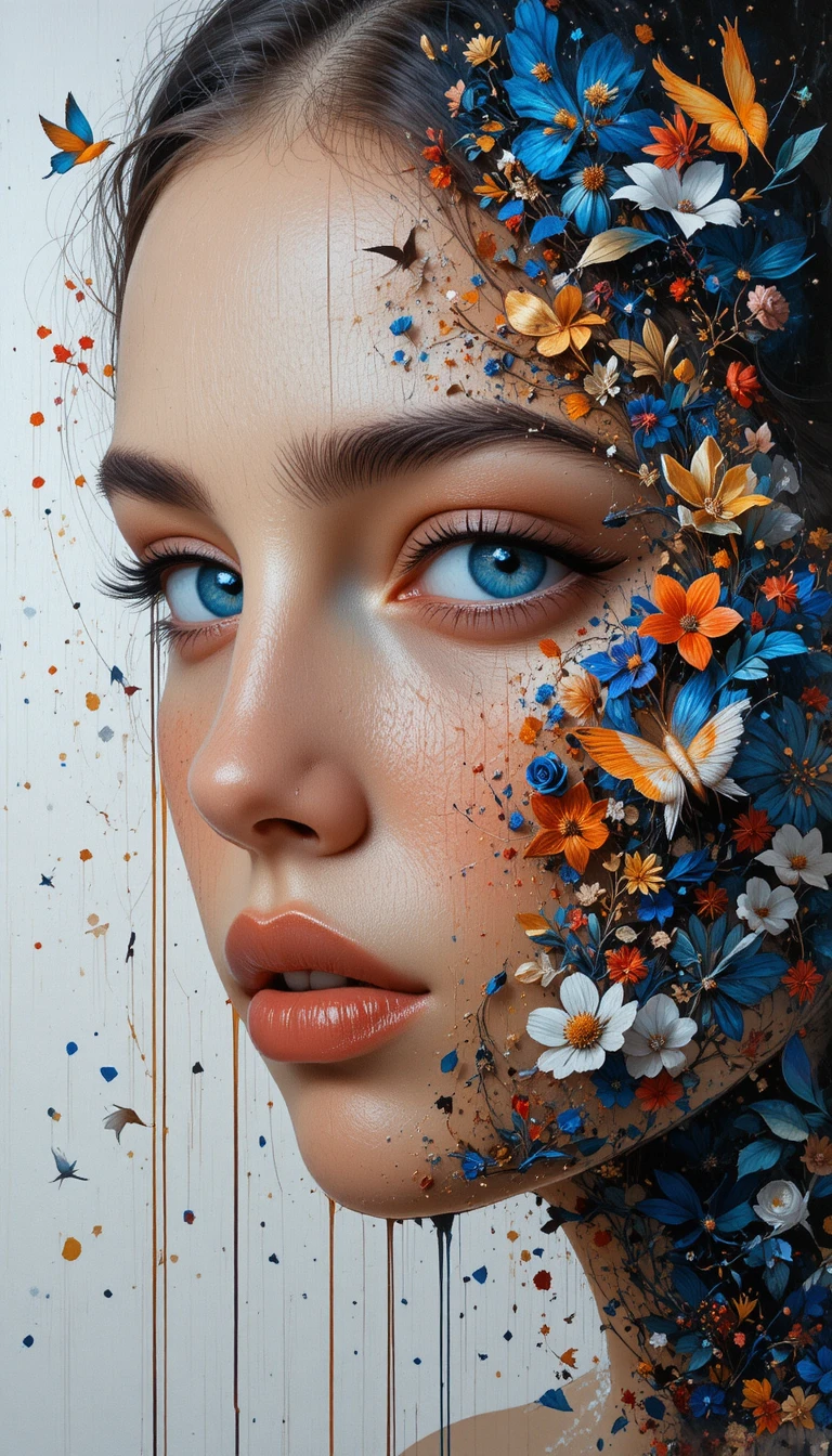 Ritratto di ragazza dagli occhi azzurri che unisce realismo e pittura astratta