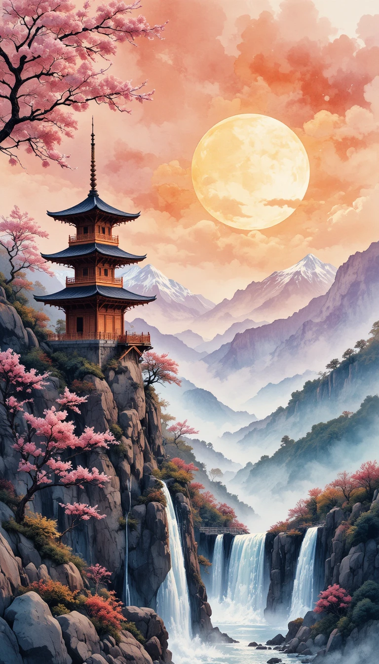 Pagode em aquarela sobre cachoeiras ao pôr do sol em montanhas enevoadas