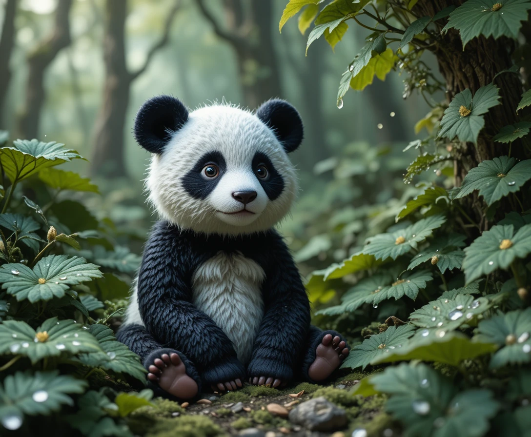 Verspielter bestickter Panda in einem üppigen verzauberten Wald