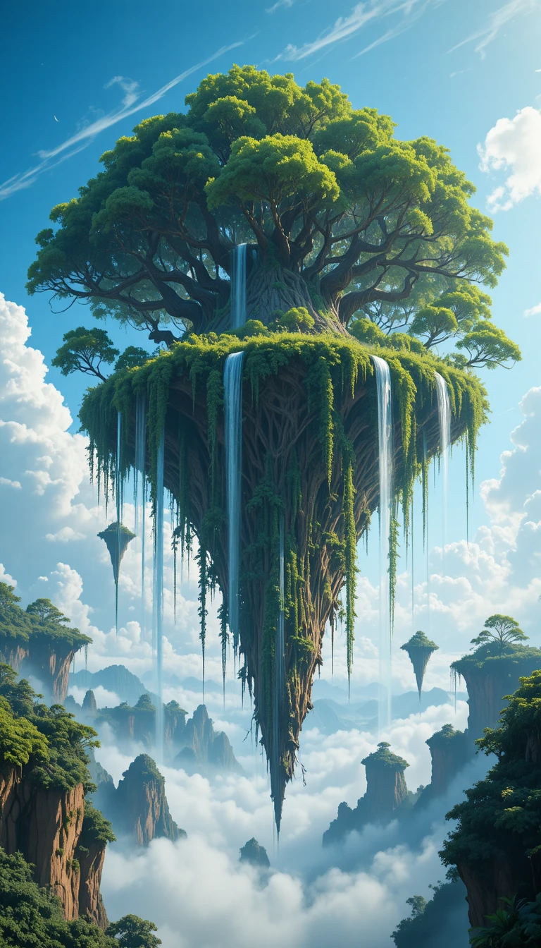 Antiga árvore do mundo surgindo de uma ilha flutuante nas nuvens