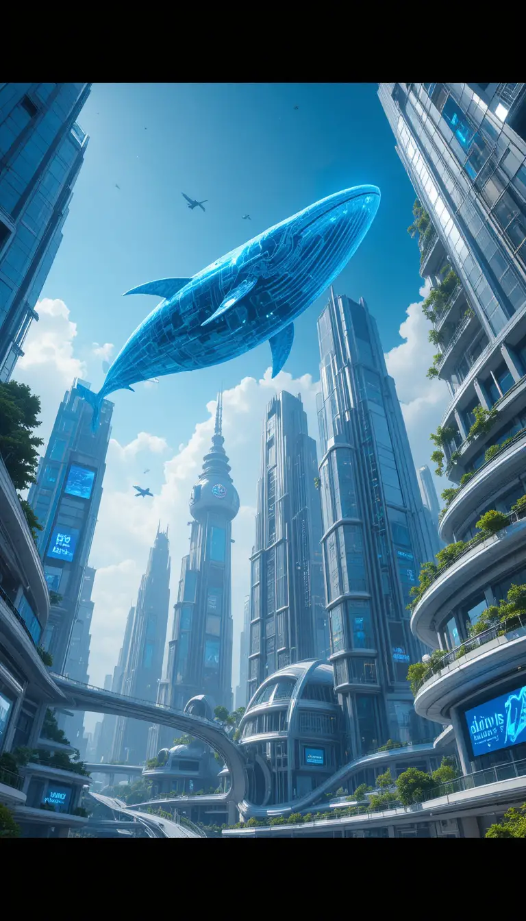Horizonte de cidade futurista com baleias-azuis translúcidas voadoras