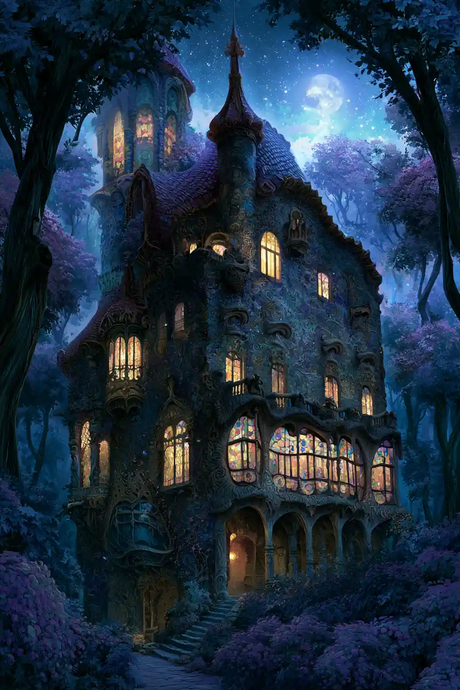 Enchanted Castle Among Trees In A Magical Night Forest