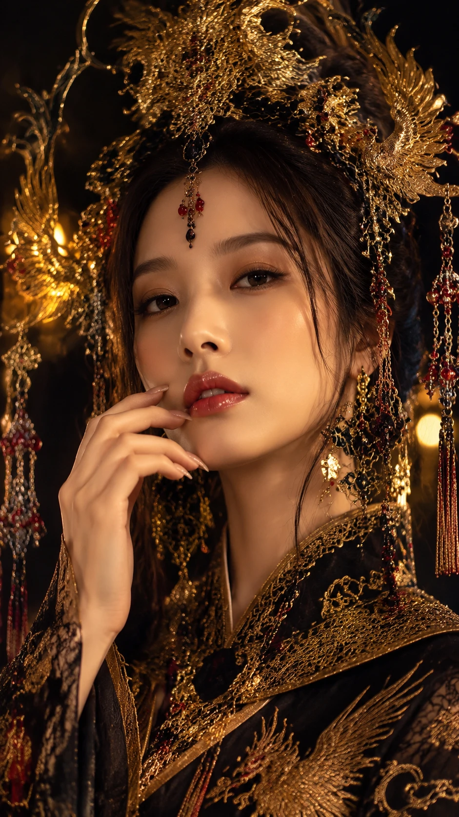 Retrato de mulher oriental majestosa em palácio preto e dourado