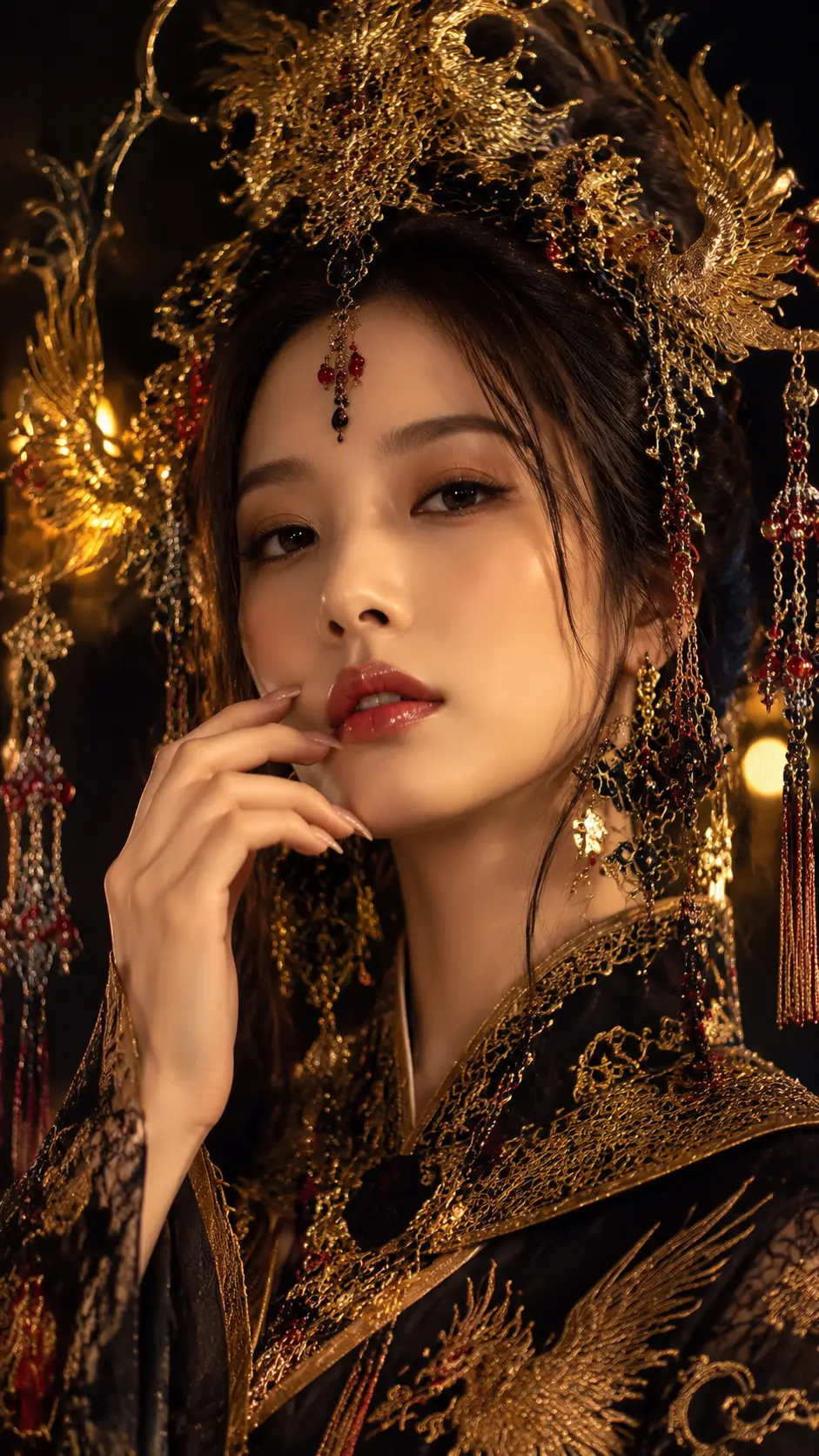 Portrait d’une femme orientale royale dans un palais noir et or