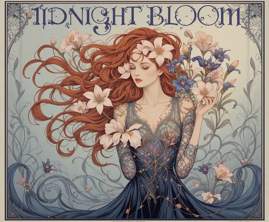Art nouveau perfume poster with serene floral woman