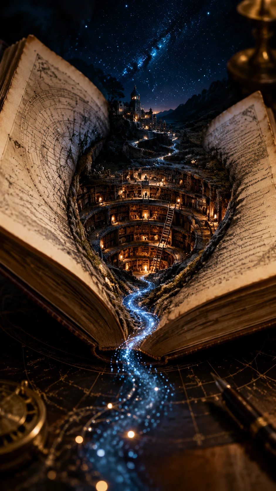 Vista macro di antico libro con fiume di luce brillante